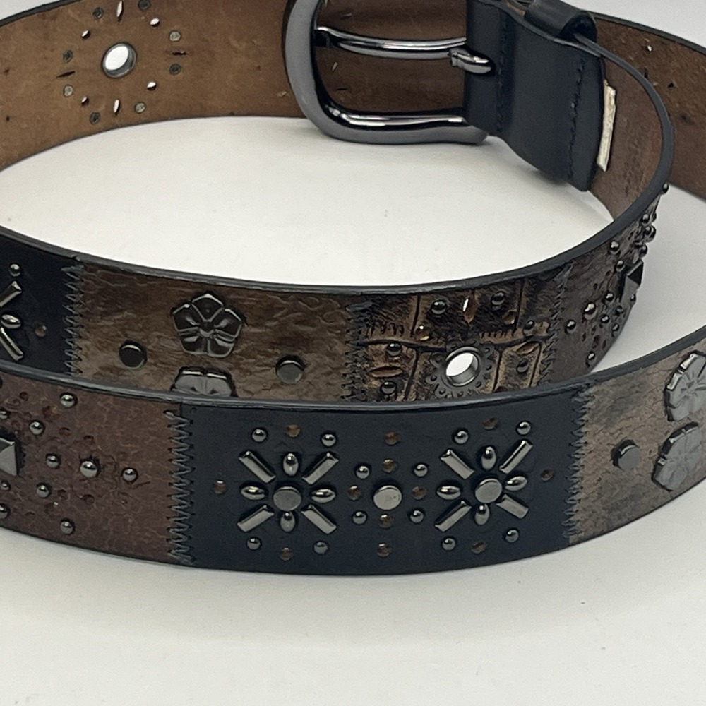 Fossil Womens Patchwork Studded Leather Belt Brown Black Gunmetal Brass L
